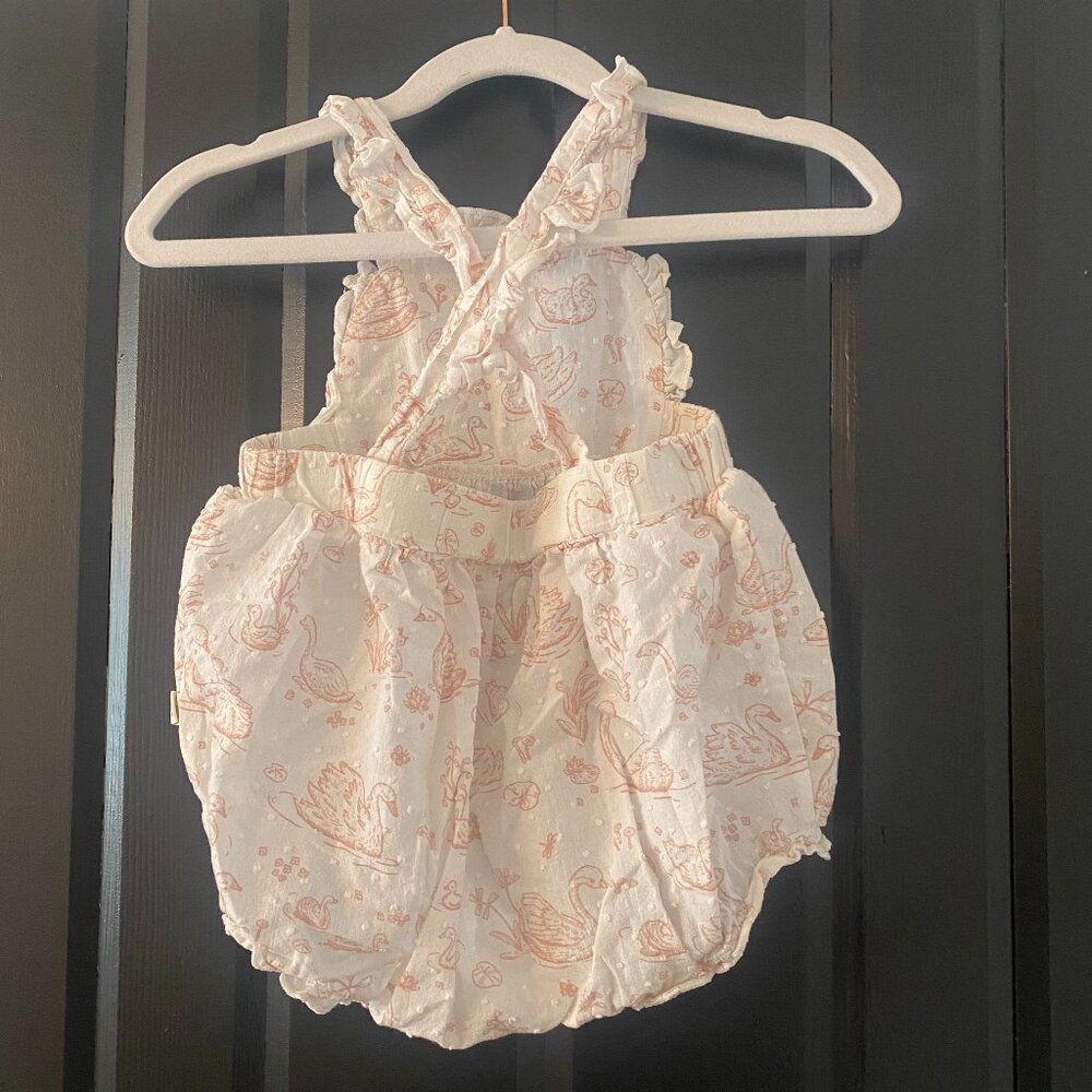 Elegant Baby Swan Print Romper Sunsuit 12-18M Ruffle Cotton Baby Outfit - Picture 4 of 5